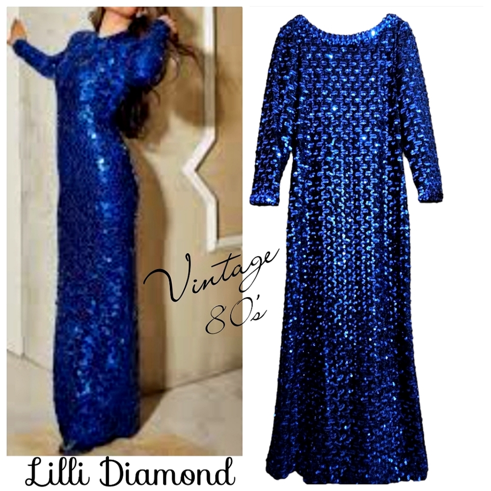 Vintage Lilli Diamond of California Black w/Royal Blue Sequin Knit Glamour Gown